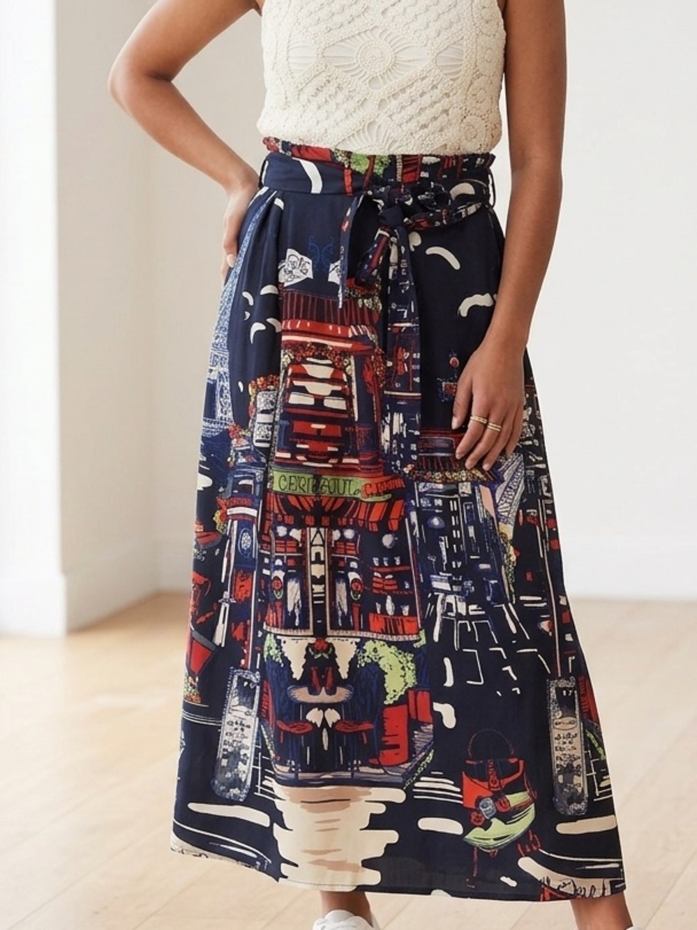 Navy Printed Paperbag Waist Midi Skirt - Red & White Cityscape